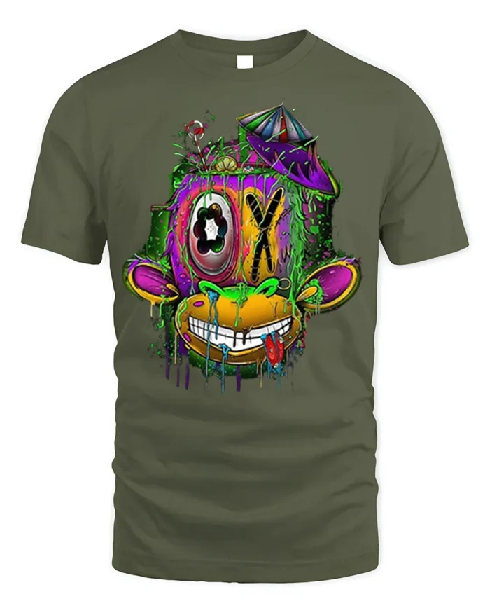 Psychedelic Drip Monkey T-Shirt Urban Street Art - military green t-shirt on white background