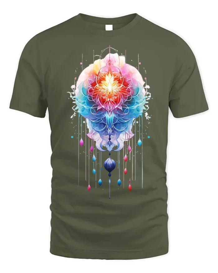Sacred Mandala Lotus T-Shirt Vibrant Spiritual Art - military green t-shirt on white background