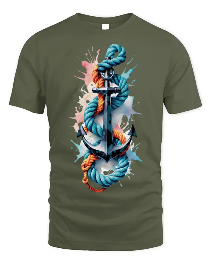 Nautical Anchor Rope T-Shirt Bold Ocean Graphic - military green t-shirt on white background