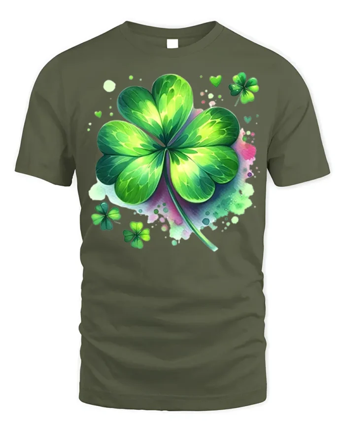 Lucky Four Leaf Clover T-Shirt St. Patrick’s Day - military green t-shirt on white background