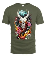 Flaming Oni Skull T-Shirt Floral Demon Samurai Art - military green t-shirt on white background
