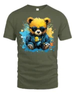 Cool Teddy Bear T-Shirt with Shades and Graffiti Splash - military green t-shirt on white background