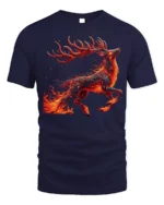 Fire Spirit Deer Graphic T-Shirt Fantasy Flame Art - navy t-shirt on white background