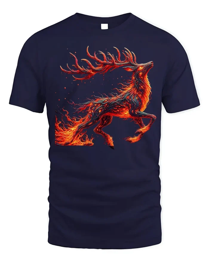 Fire Spirit Deer Graphic T-Shirt Fantasy Flame Art - navy t-shirt on white background