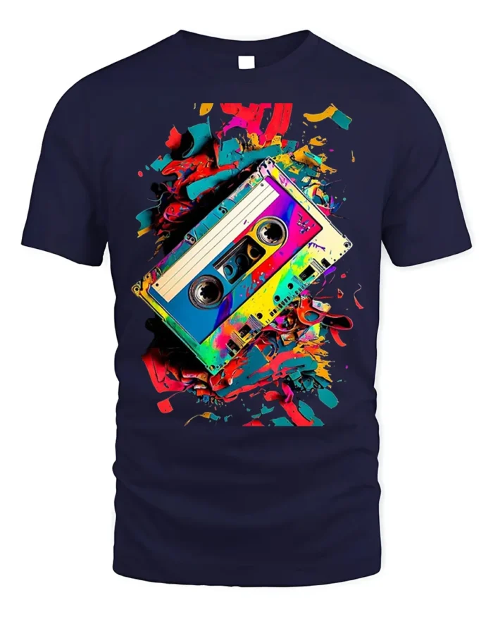 Retro Cassette Tape T-Shirt with Colorful Splash Art - navy t-shirt on white background