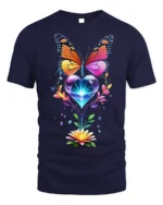 Colorful Butterfly and Heart Flower T-Shirt - navy t-shirt on white background