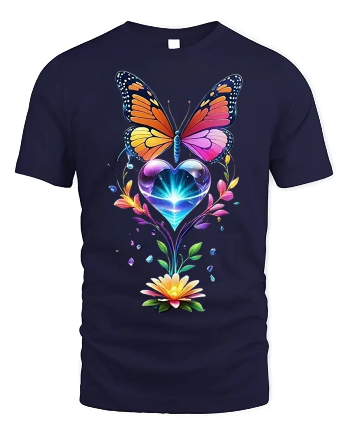 Colorful Butterfly and Heart Flower T-Shirt - navy t-shirt on white background