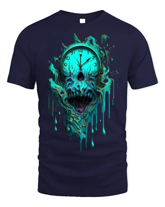 Melting Skull Clock Horror T-Shirt for Dark Aesthetic Fans - navy t-shirt on white background