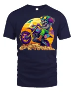 Crazy Skeleton Biker T-Shirt with Sunset Dirt Ride Art - navy t-shirt on white background