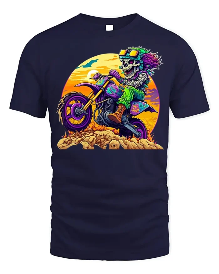 Crazy Skeleton Biker T-Shirt with Sunset Dirt Ride Art - navy t-shirt on white background