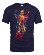 Neon Dancing Skeleton T-Shirt with Colorful Flame Art - navy t-shirt on white background