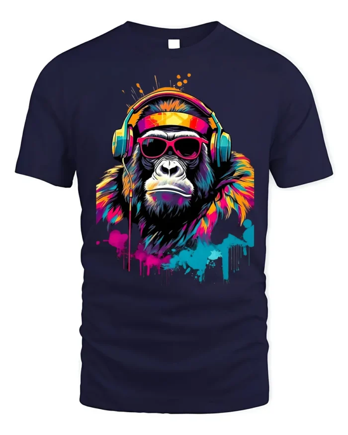 Funky Gorilla Headphones T-Shirt with Neon Graffiti Style - navy t-shirt on white background