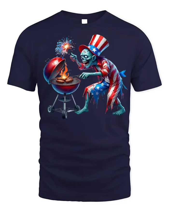 Zombie Uncle Sam BBQ T-Shirt 4th of July Horror Style - navy t-shirt on white background