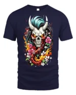 Flaming Oni Skull T-Shirt Floral Demon Samurai Art - navy t-shirt on white background