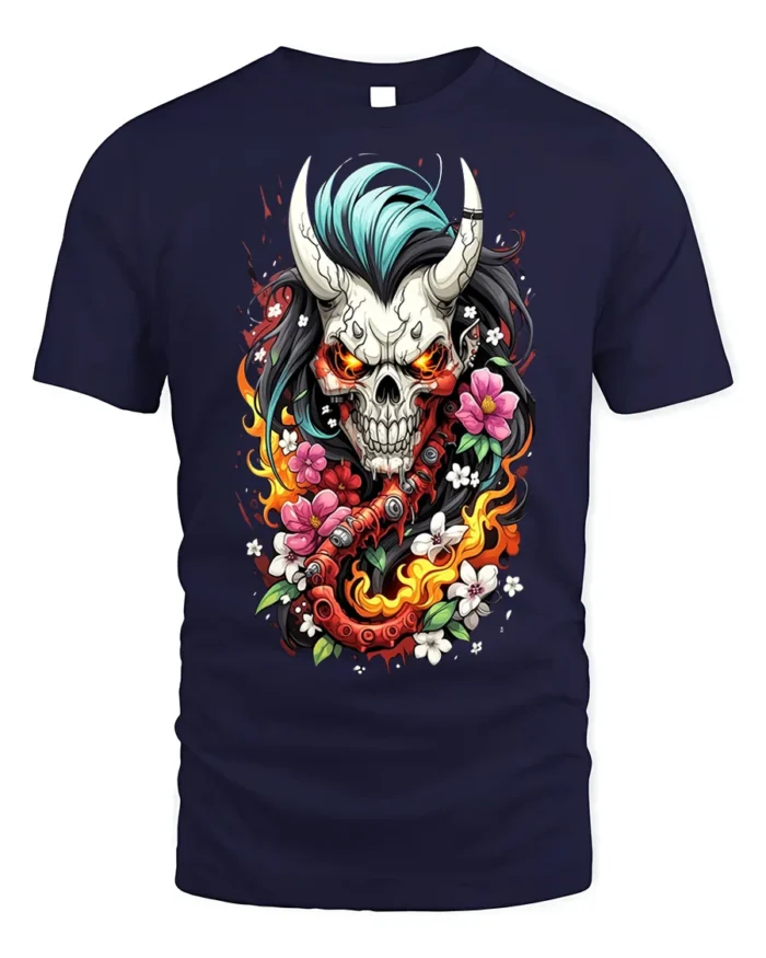Flaming Oni Skull T-Shirt Floral Demon Samurai Art - navy t-shirt on white background
