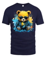 Cool Teddy Bear T-Shirt with Shades and Graffiti Splash - navy t-shirt on white background