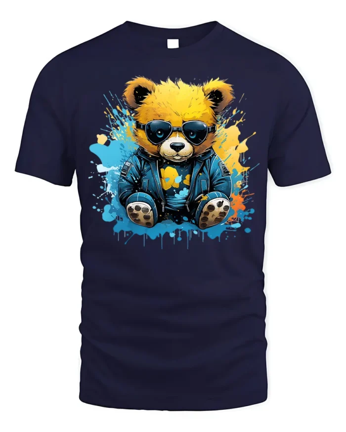 Cool Teddy Bear T-Shirt with Shades and Graffiti Splash - navy t-shirt on white background