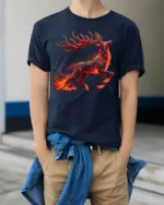 Fire Spirit Deer Graphic T-Shirt Fantasy Flame Art - model wearing navy shirt, hands in pockets