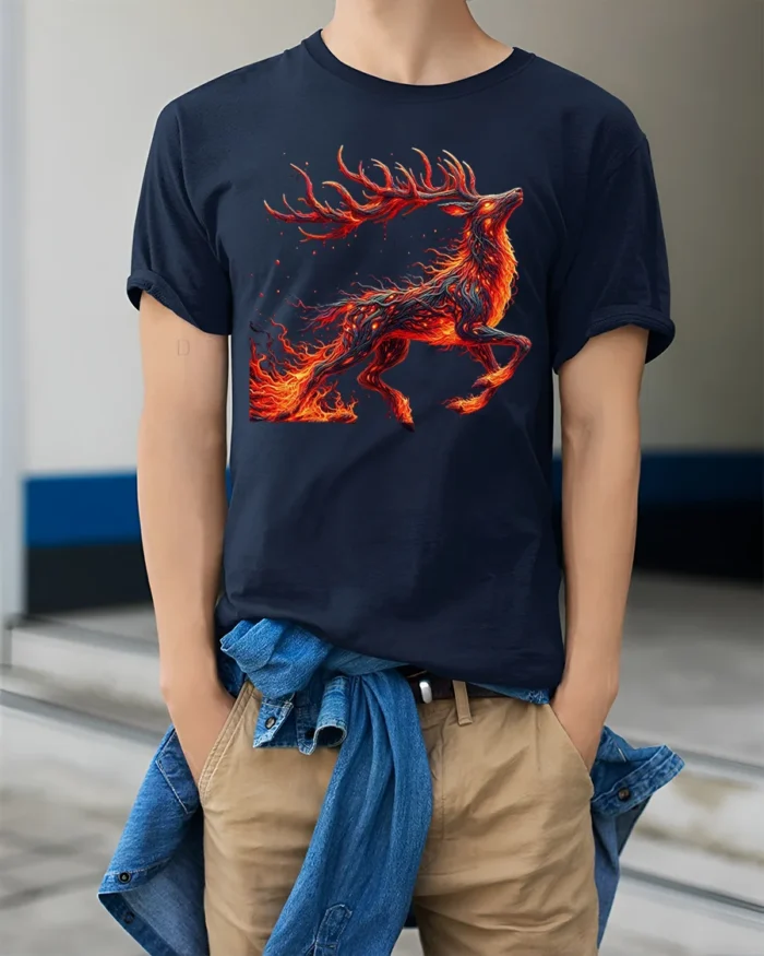 Fire Spirit Deer Graphic T-Shirt Fantasy Flame Art - model wearing navy shirt, hands in pockets