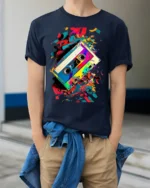 Retro Cassette Tape T-Shirt with Colorful Splash Art - model wearing navy shirt, hands in pockets