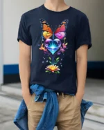 Colorful Butterfly and Heart Flower T-Shirt - model wearing navy shirt, hands in pockets