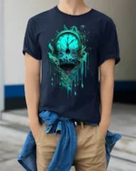 Melting Skull Clock Horror T-Shirt for Dark Aesthetic Fans - model wearing navy shirt, hands in pockets