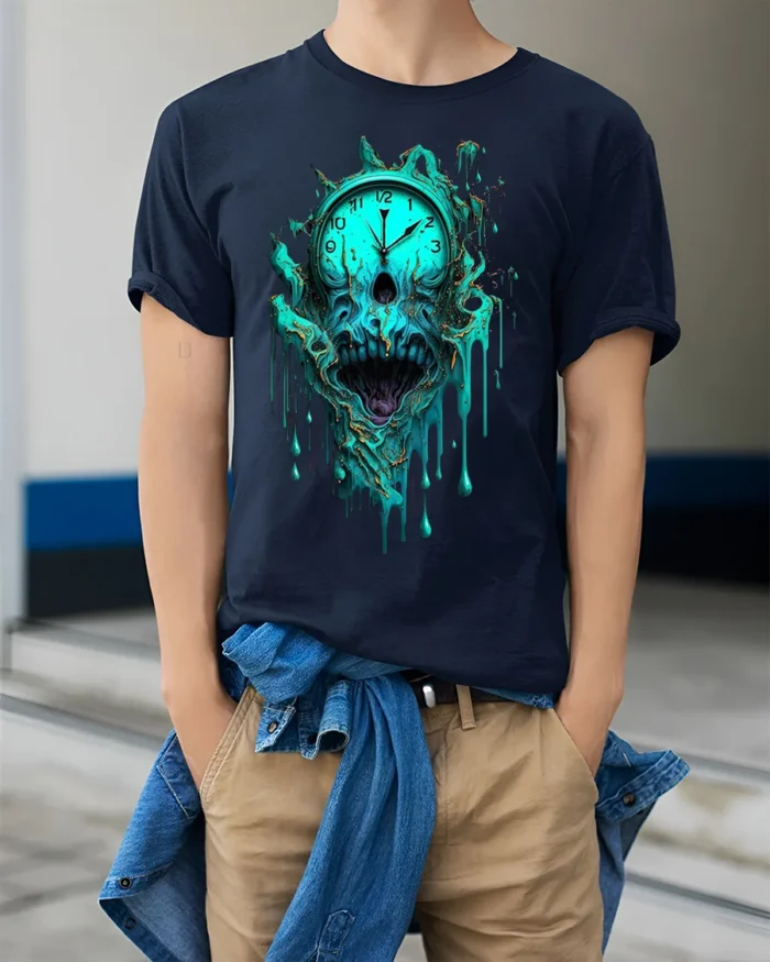 Melting Skull Clock Horror T-Shirt for Dark Aesthetic Fans - model wearing navy shirt, hands in pockets