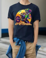 Crazy Skeleton Biker T-Shirt with Sunset Dirt Ride Art - model wearing navy shirt, hands in pockets