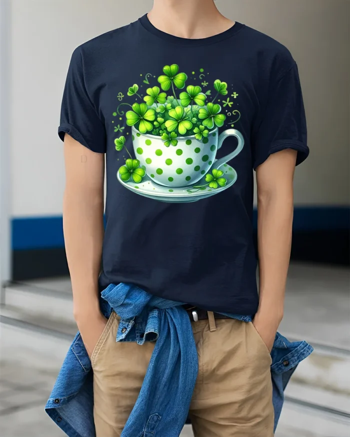 Lucky Shamrock Cup T-Shirt for St. Patrick’s Day Cheer - model wearing navy shirt, hands in pockets