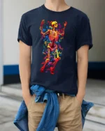 Neon Dancing Skeleton T-Shirt with Colorful Flame Art - model wearing navy shirt, hands in pockets