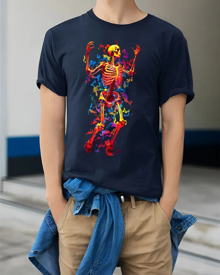 Neon Dancing Skeleton T-Shirt with Colorful Flame Art - model wearing navy shirt, hands in pockets