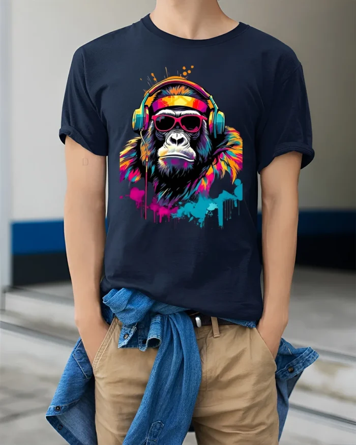 Funky Gorilla Headphones T-Shirt with Neon Graffiti Style - model wearing navy shirt, hands in pockets