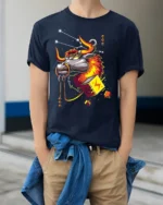 Taurus Bull Zodiac T-Shirt with Electric Cosmic Vibes - model wearing navy shirt, hands in pockets