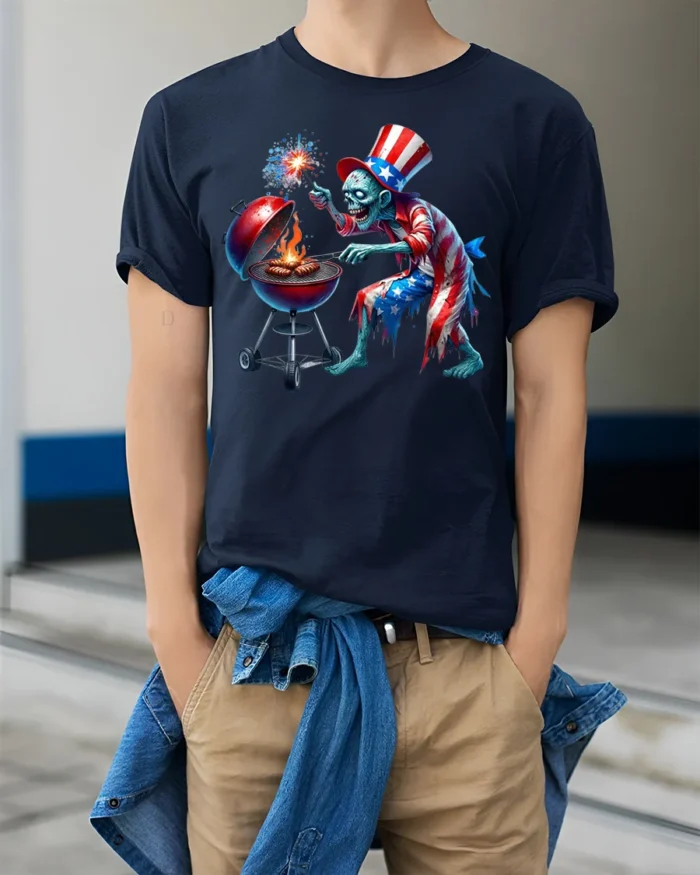Zombie Uncle Sam BBQ T-Shirt 4th of July Horror Style - model wearing navy shirt, hands in pockets