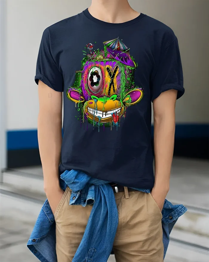 Psychedelic Drip Monkey T-Shirt Urban Street Art - model wearing navy shirt, hands in pockets