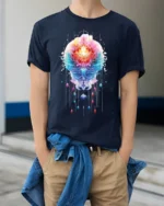 Sacred Mandala Lotus T-Shirt Vibrant Spiritual Art - model wearing navy shirt, hands in pockets