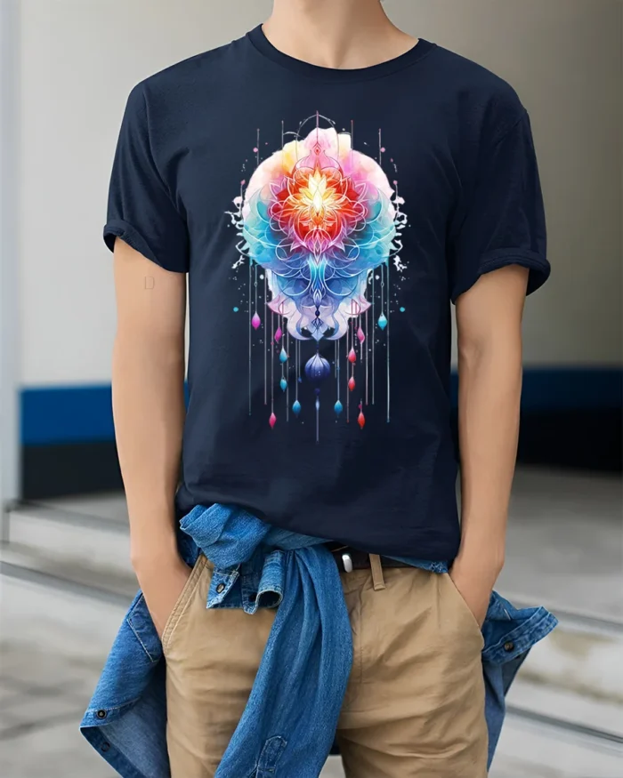 Sacred Mandala Lotus T-Shirt Vibrant Spiritual Art - model wearing navy shirt, hands in pockets