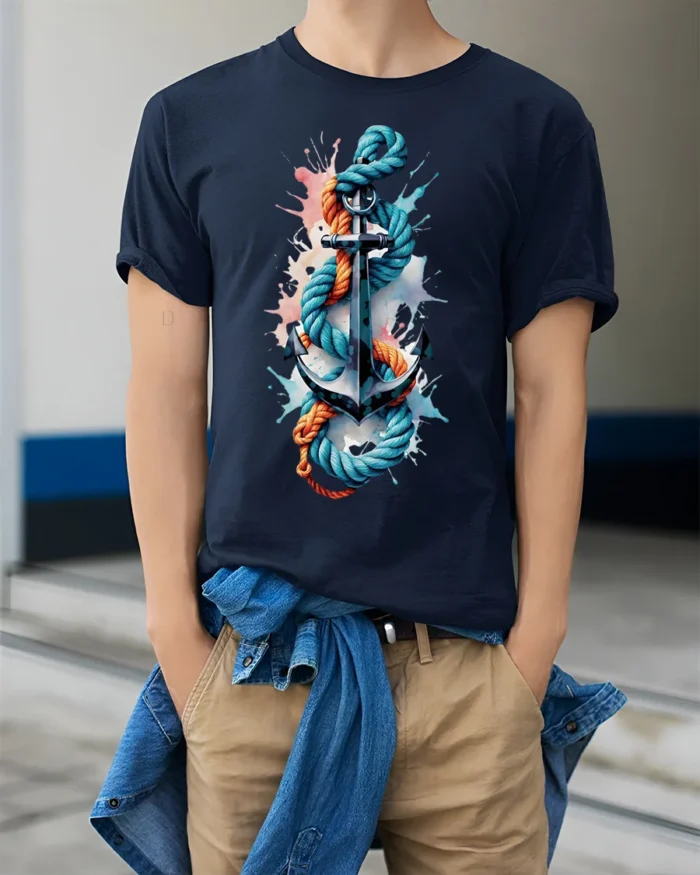 Nautical Anchor Rope T-Shirt Bold Ocean Graphic - model wearing navy shirt, hands in pockets