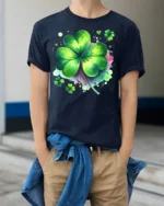 Lucky Four Leaf Clover T-Shirt St. Patrick’s Day - model wearing navy shirt, hands in pockets