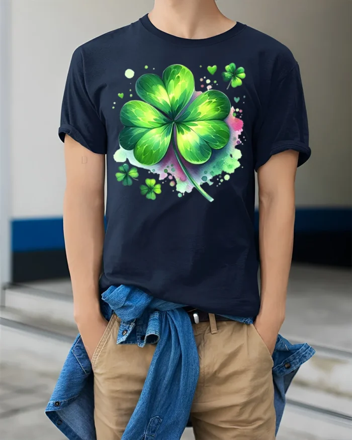 Lucky Four Leaf Clover T-Shirt St. Patrick’s Day - model wearing navy shirt, hands in pockets