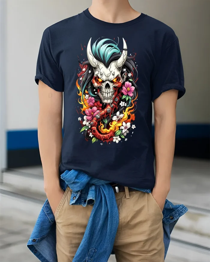 Flaming Oni Skull T-Shirt Floral Demon Samurai Art - model wearing navy shirt, hands in pockets