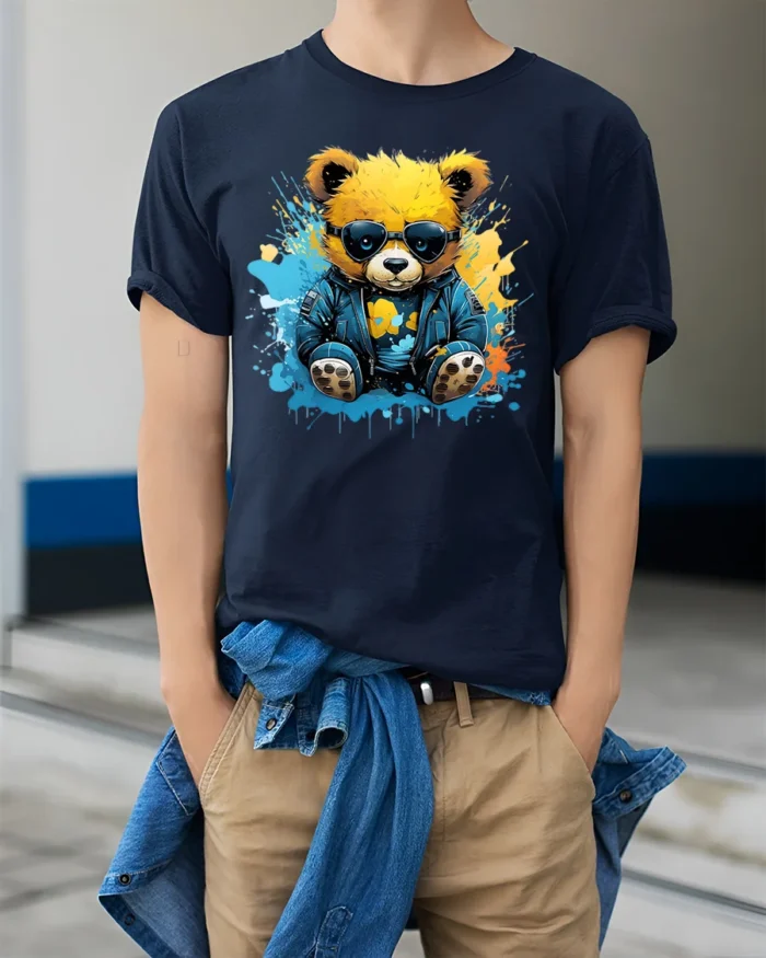 Cool Teddy Bear T-Shirt with Shades and Graffiti Splash - model wearing navy shirt, hands in pockets