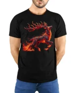 Fire Spirit Deer Graphic T-Shirt Fantasy Flame Art - model wearing black shirt, hands behind back