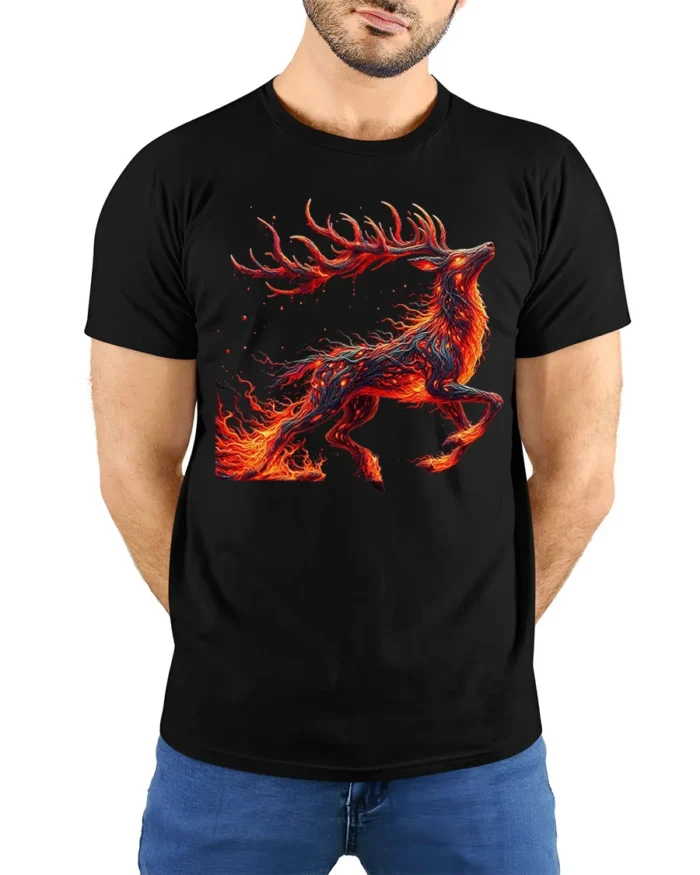 Fire Spirit Deer Graphic T-Shirt Fantasy Flame Art - model wearing black shirt, hands behind back