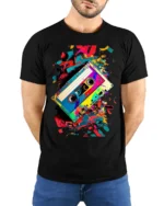 Retro Cassette Tape T-Shirt with Colorful Splash Art - model wearing black shirt, hands behind back