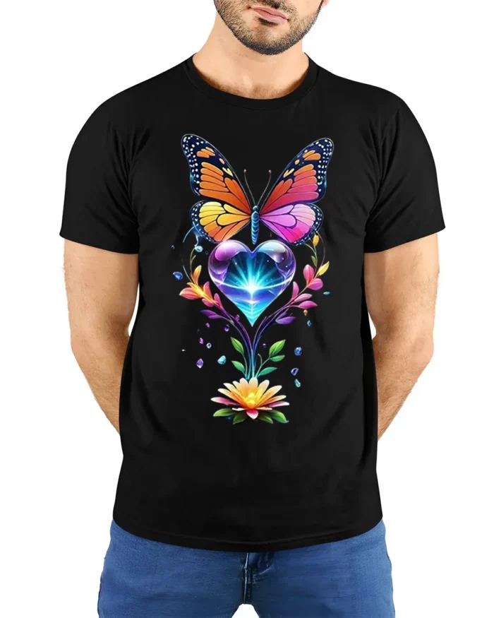 Colorful Butterfly and Heart Flower T-Shirt - model wearing black shirt, hands behind back