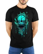 Melting Skull Clock Horror T-Shirt for Dark Aesthetic Fans - model wearing black shirt, hands behind back