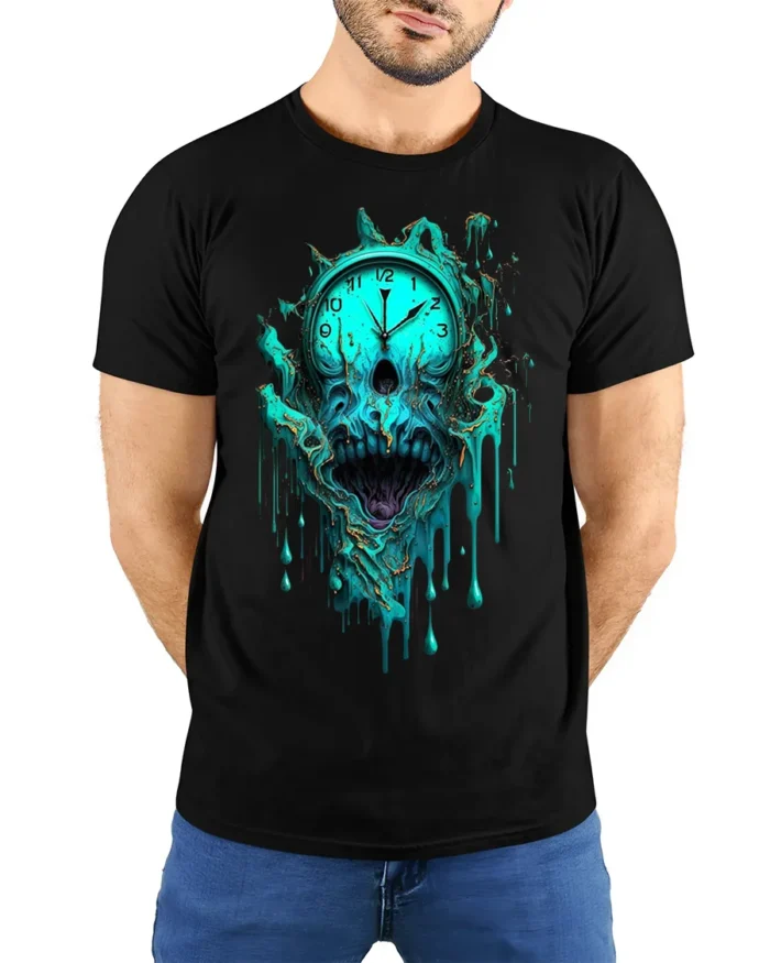Melting Skull Clock Horror T-Shirt for Dark Aesthetic Fans - model wearing black shirt, hands behind back