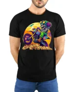 Crazy Skeleton Biker T-Shirt with Sunset Dirt Ride Art - model wearing black shirt, hands behind back