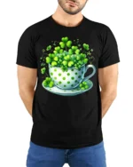 Lucky Shamrock Cup T-Shirt for St. Patrick’s Day Cheer - model wearing black shirt, hands behind back